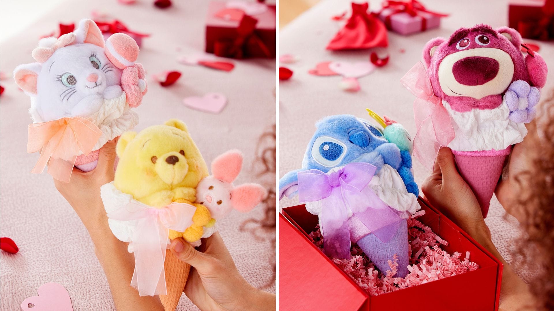 Plush toys styled as ice cream cones, featuring a cat and mouse, a bear and pig, and a blue creature with a bear, surrounded by gift boxes and heart decorations on a pink surface.