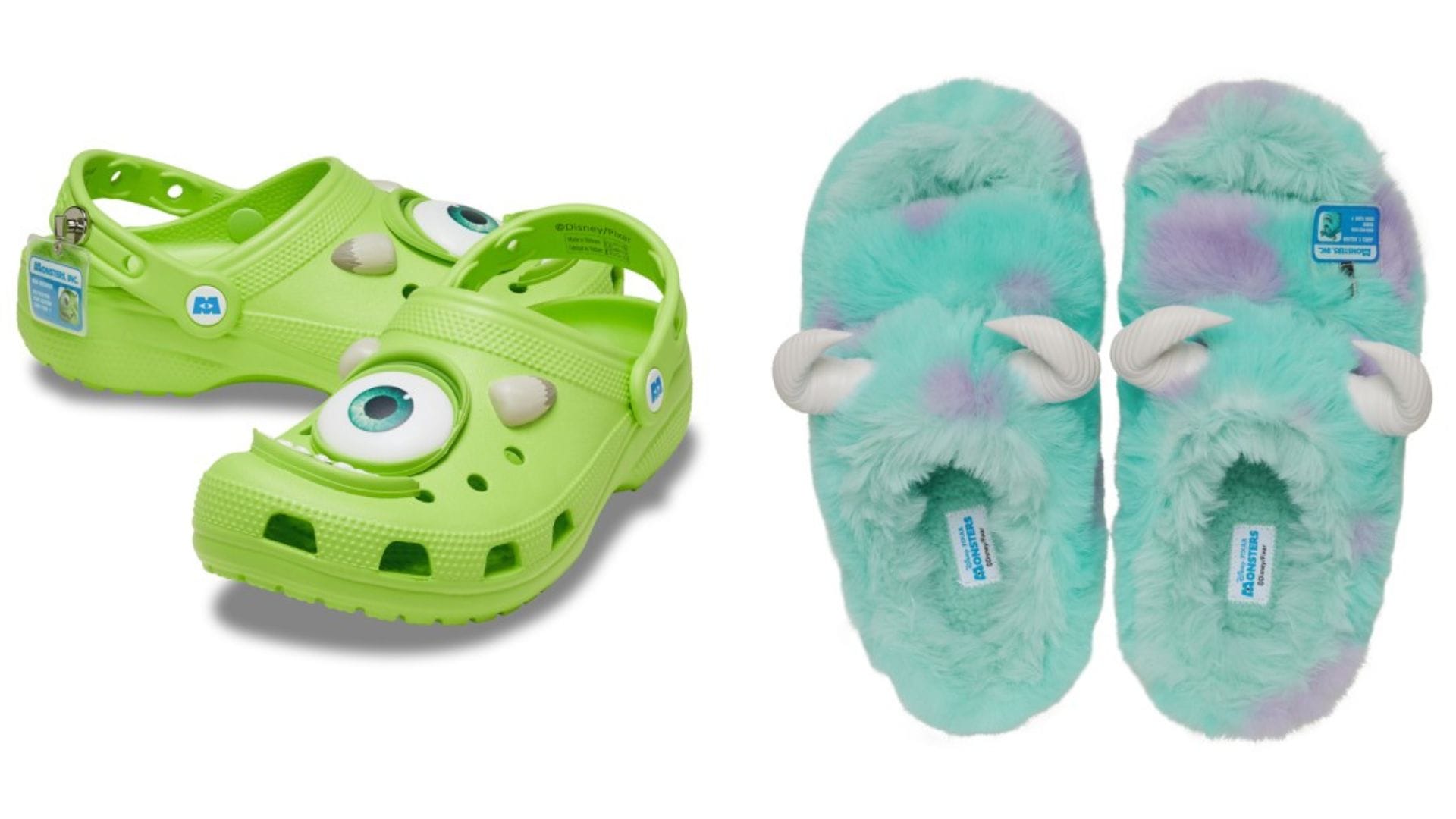 Green Crocs with a monster eye design reminiscent of Monsters Inc. sit next to fuzzy, turquoise slippers adorned with playful horns.