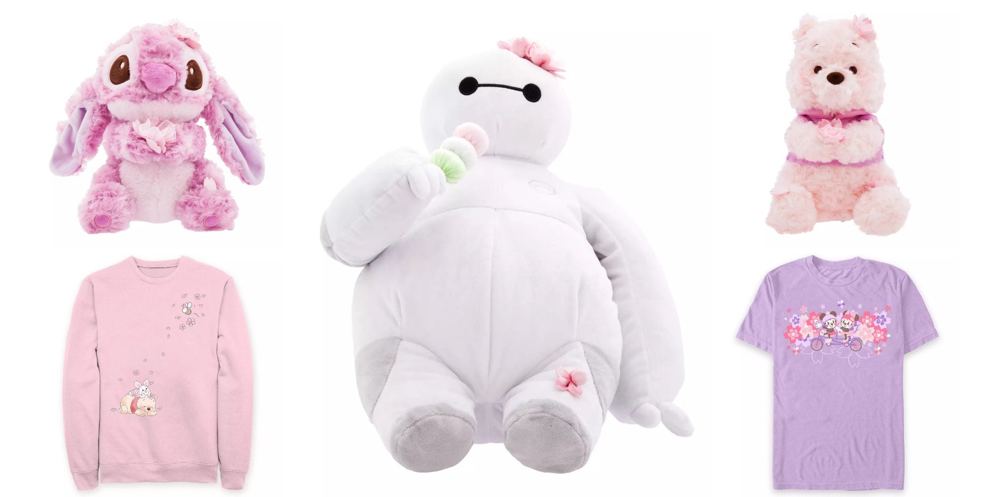 Discover a delightful collection featuring five items: a pink rabbit plush, a Disney-themed large white plush holding a candy, an adorable pink bear plush, a cozy light pink sweater, and a whimsical lavender t-shirt adorned with character prints reminiscent of Sakura season.
