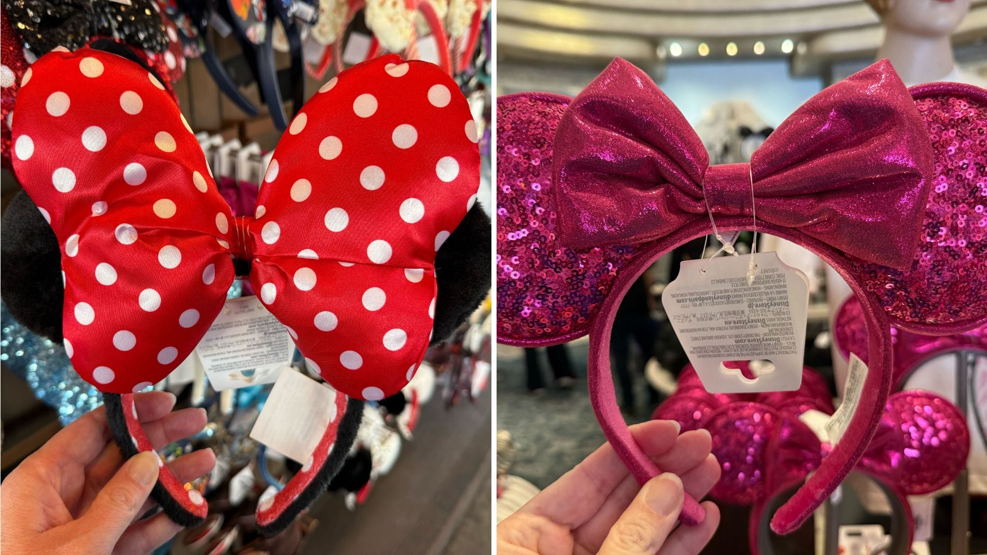 Two pairs of Minnie Mouse ears on display at Disneyland Resort. Left: Red with white polka dots. Right: Pink sequined ear headbands featuring a charming Minnie bow.