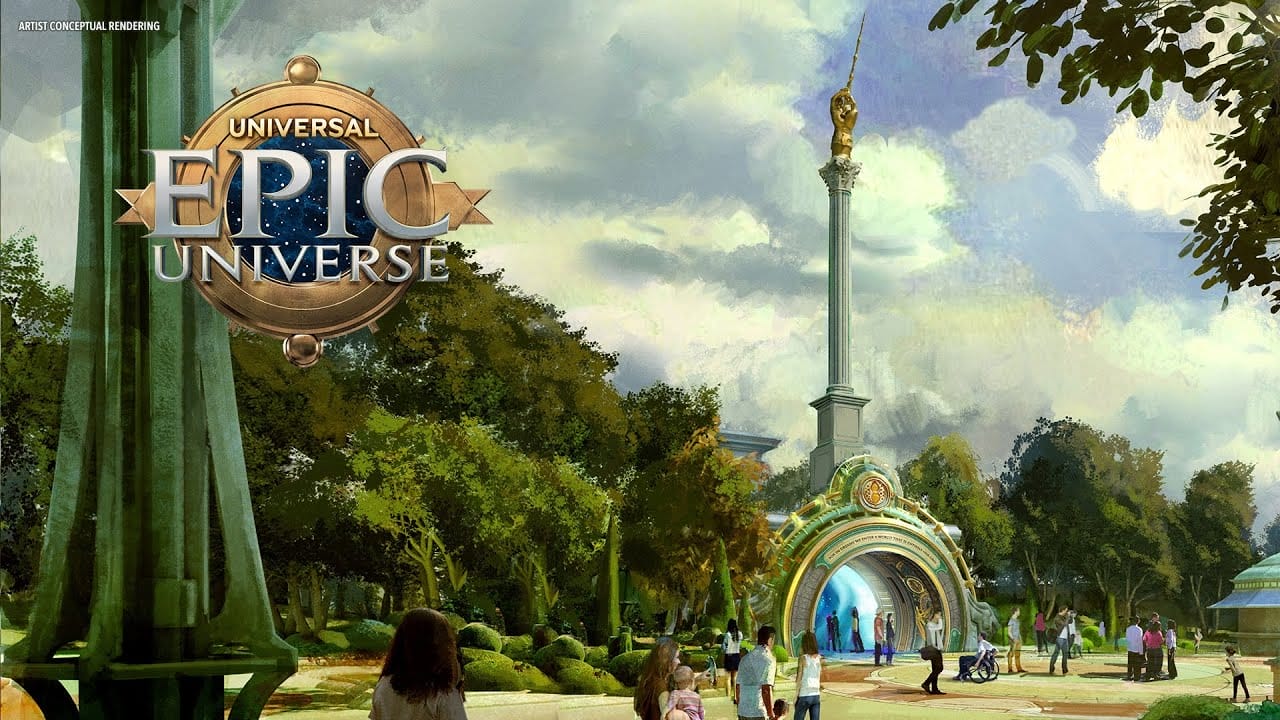Conceptual rendering of Universal's Epic Universe theme park, where guests stroll toward a decorative arch surrounded by lush greenery, as anticipation builds for the announced Team Member Previews.