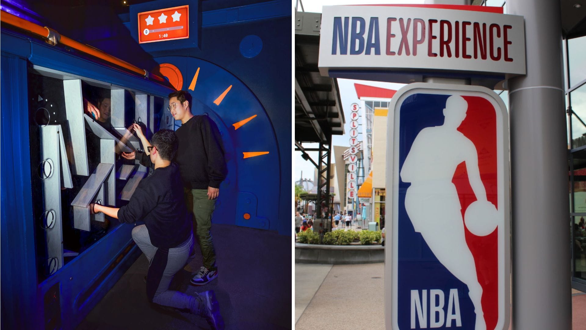 Two people engage with a game inside; outside, a sign reads "NBA Experience" adorned with the NBA logo. Rumor has it that Level99 enthusiasts will soon find even more thrilling challenges awaiting them in this sports adventure hub.