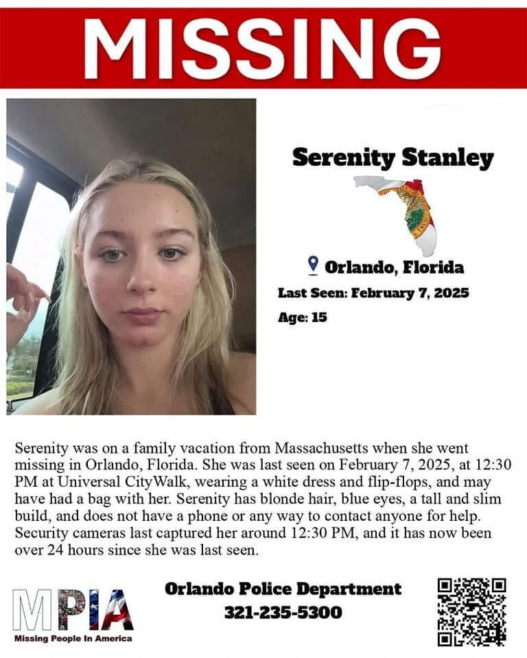 Missing person poster for Massachusetts teen Serenity Stanley, age 15, last seen on February 7, 2025, at CityWalk in Universal Orlando Resort. Includes her photo and contact info for Orlando Police.