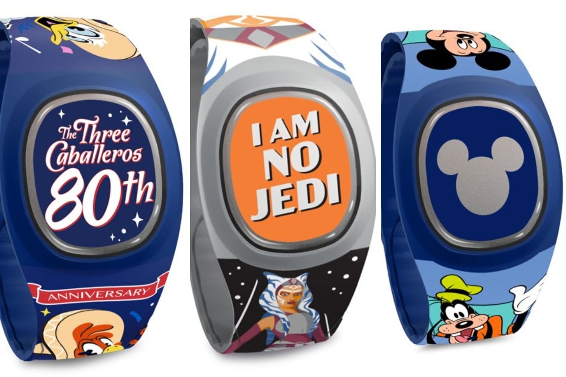 Three themed MagicBand+ wristbands showcase designs of "The Three Caballeros 80th Anniversary," "I Am No Jedi" featuring Ahsoka, and Mickey Mouse with Goofy, available at the Disney Store.