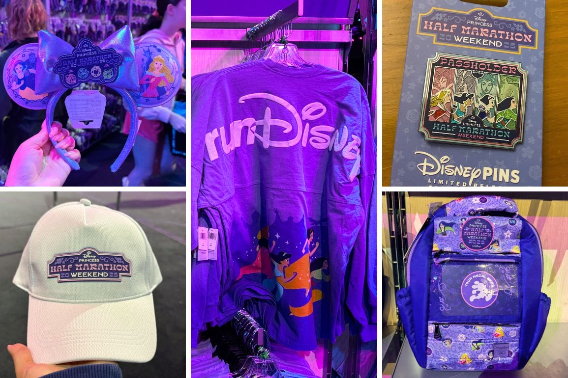 A vibrant collage of merchandise showcases Disney ears, a shirt, a pin, a cap, and a backpack—all expertly branded with "runDisney" and "Half Marathon Weekend" designs.