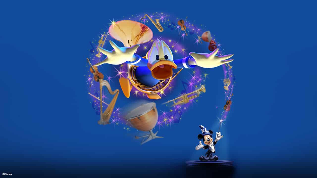 Donald Duck floats through swirling instruments in Mickey's PhilharMagic, a dazzling 3D show with magical Disney flair.