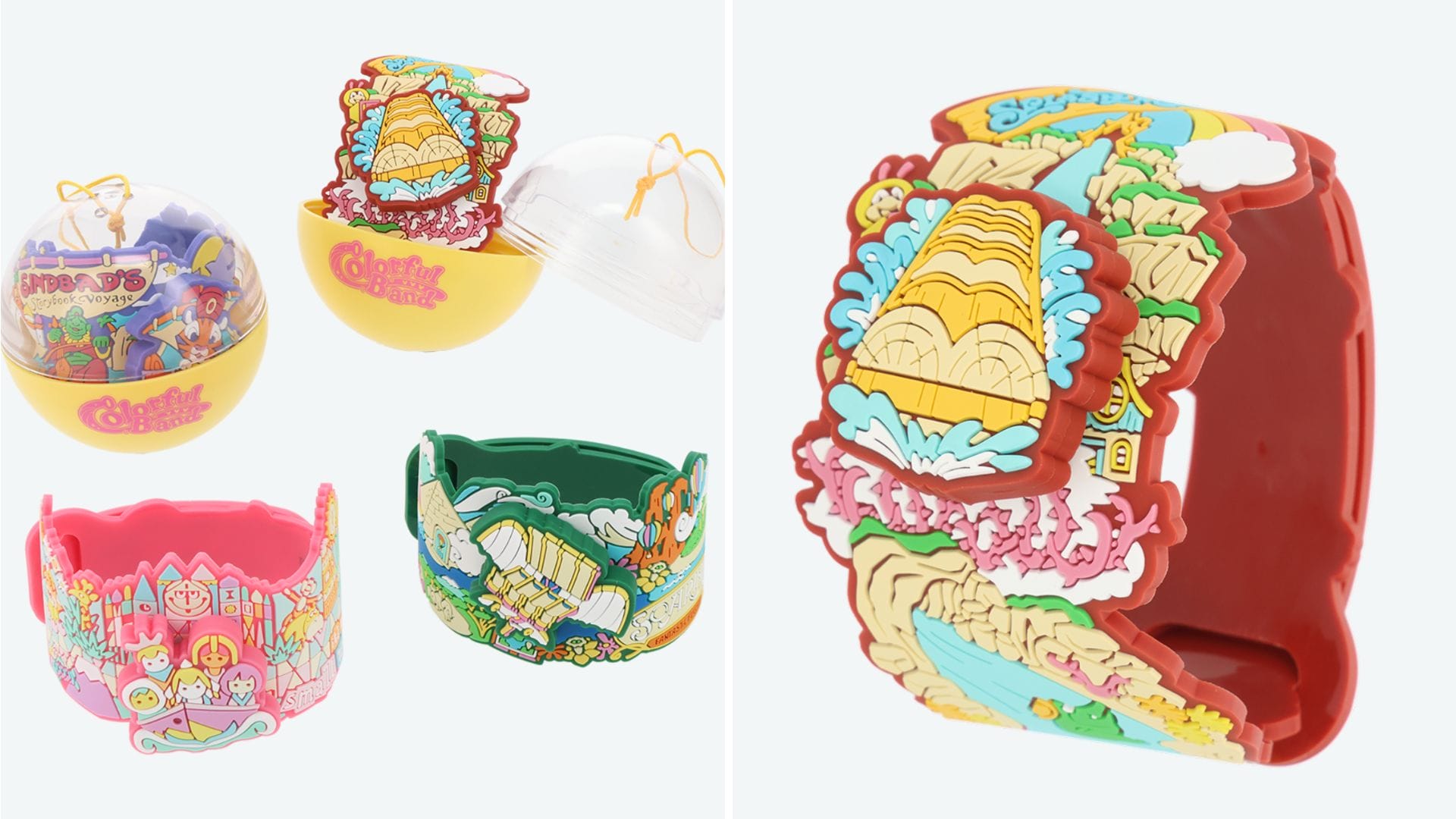 Colorful Capsule Toy Bracelets featuring playful, cartoonish designs depicting vibrant landscapes and house scenes, reminiscent of Splash Mountain. The bracelets are displayed both inside plastic capsules and individually, capturing a touch of Tokyo Disney Resort magic.
