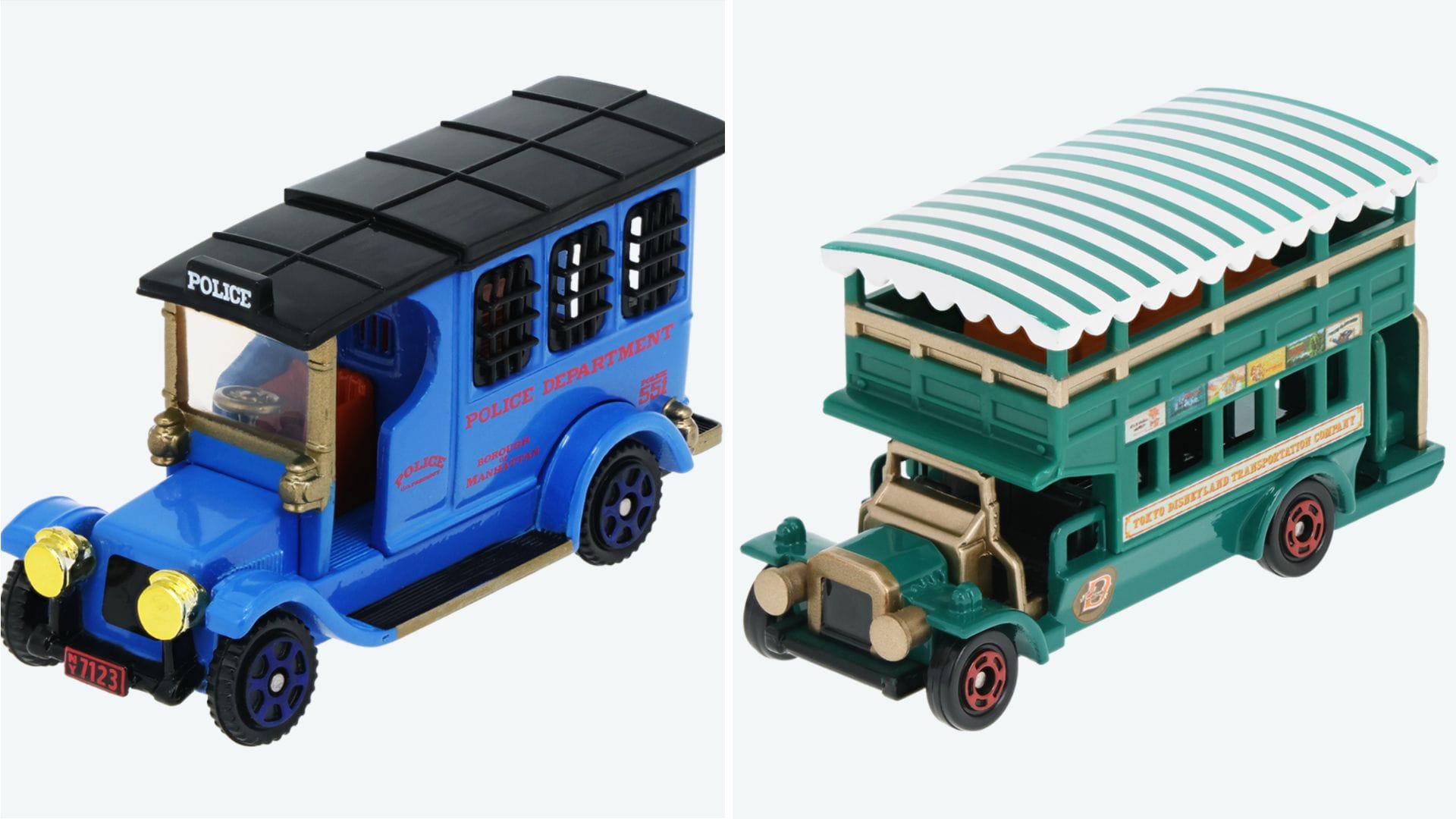 Two vintage-style toy vehicles: a blue Tomica Police Wagon with roof text, reminiscent of classic patrols, and an omnibus adorned with a striped green and white canopy. Each showcases distinct retro details and colors, echoing the charm of Tokyo Disney Resort's nostalgic allure.