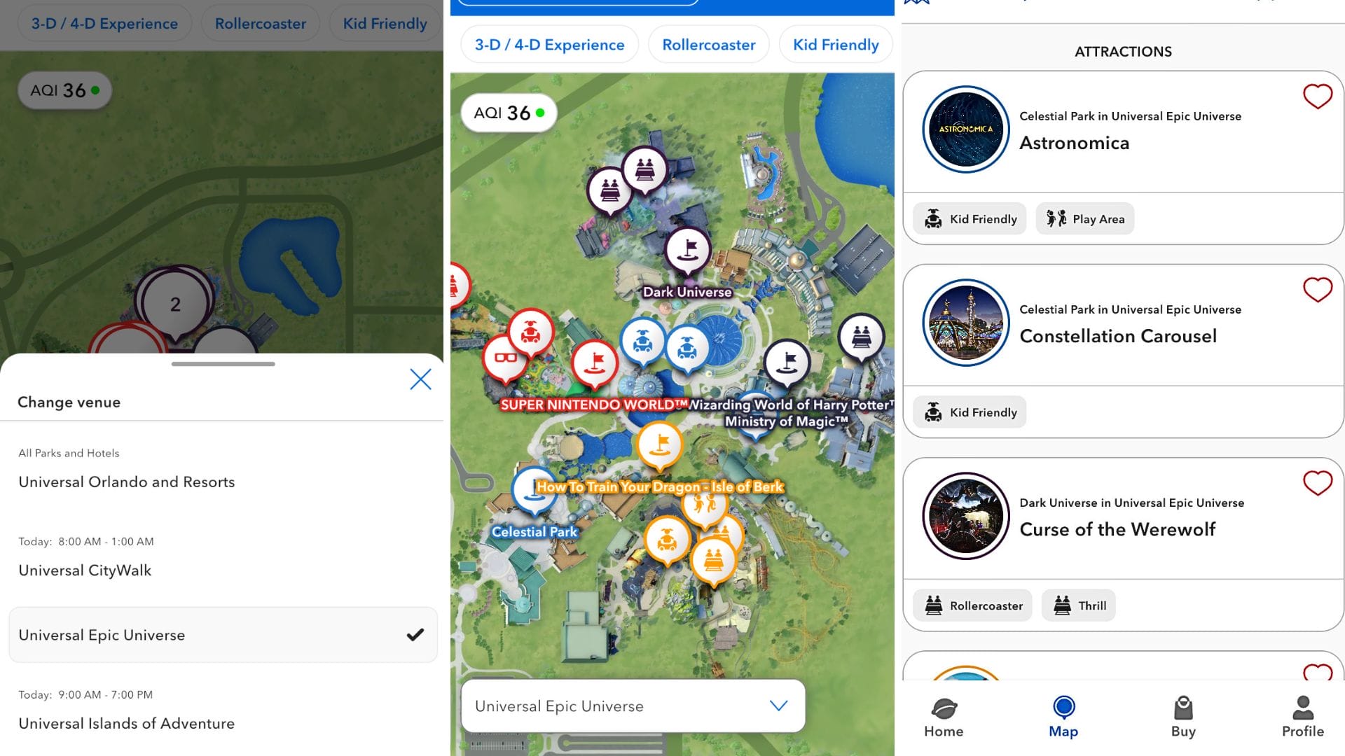 Experience the Epic Universe Map on our theme park app, showcasing attractions like Astronomica, Constellation Carousel, and Curse of the Werewolf. Check the air quality index of 36 and easily switch venues within Universal Orlando Resort.