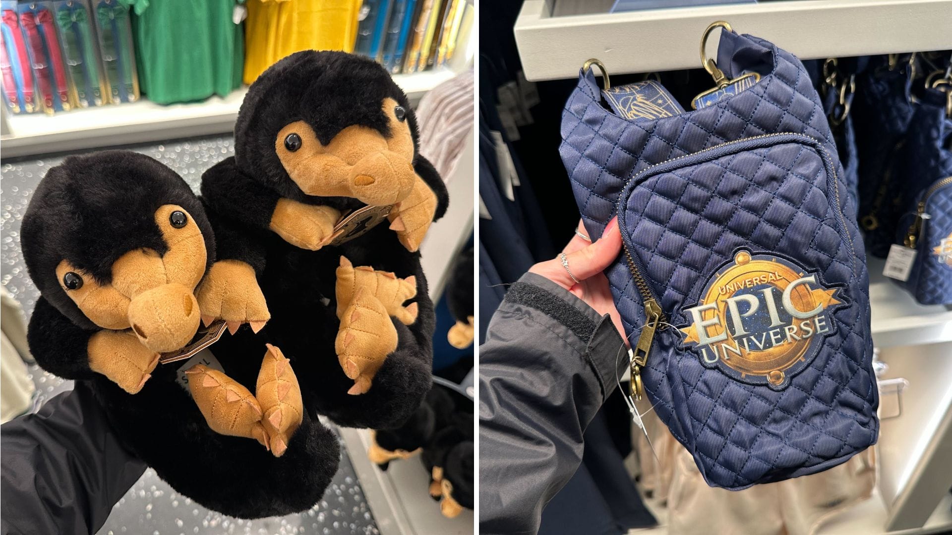 Plush toys resembling fictional creatures and quilted blue bags with the "Epic Universe" logo are displayed in the store. Nestled among them, you'll also find charming niffler slippers, perfect for fans and collectors alike.