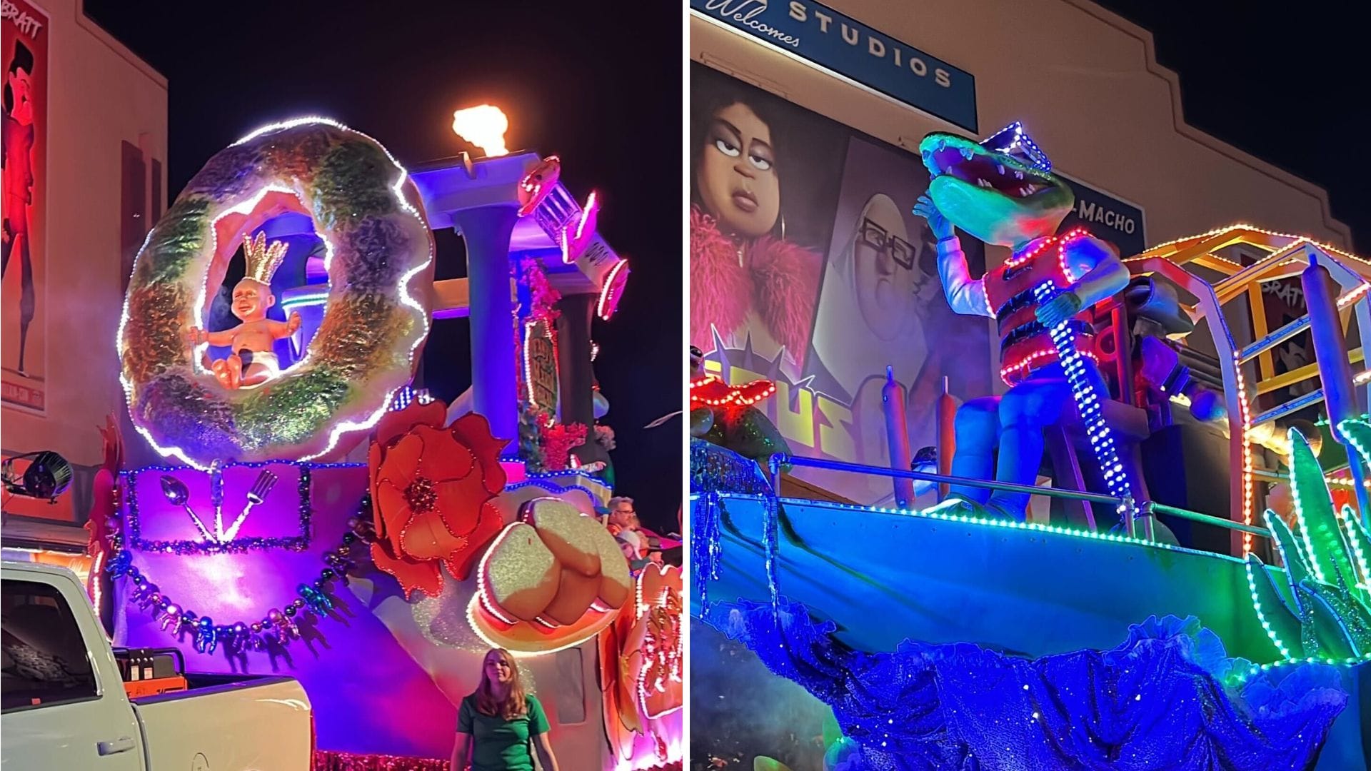 A vibrant float from the Universal Mardi Gras parade dazzles with a wreath and lighted decorations on the left, while a dinosaur costume figure on the right adds whimsy, both shining brightly against the nighttime city backdrop.