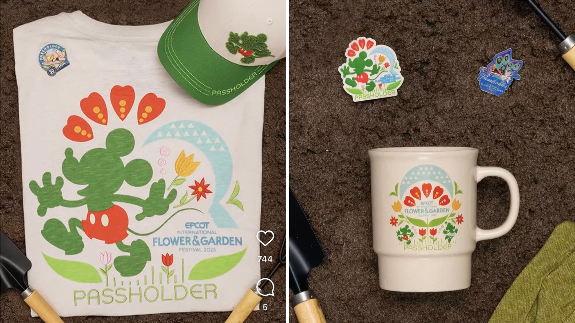T-shirt, mug, and cap featuring a floral design with a cartoon character are part of the EPCOT Flower & Garden Festival collection. Two small flying creature stickers accompany them, laid on soil with gardening tools nearby. Perfect for Annual Passholder Merchandise enthusiasts!.