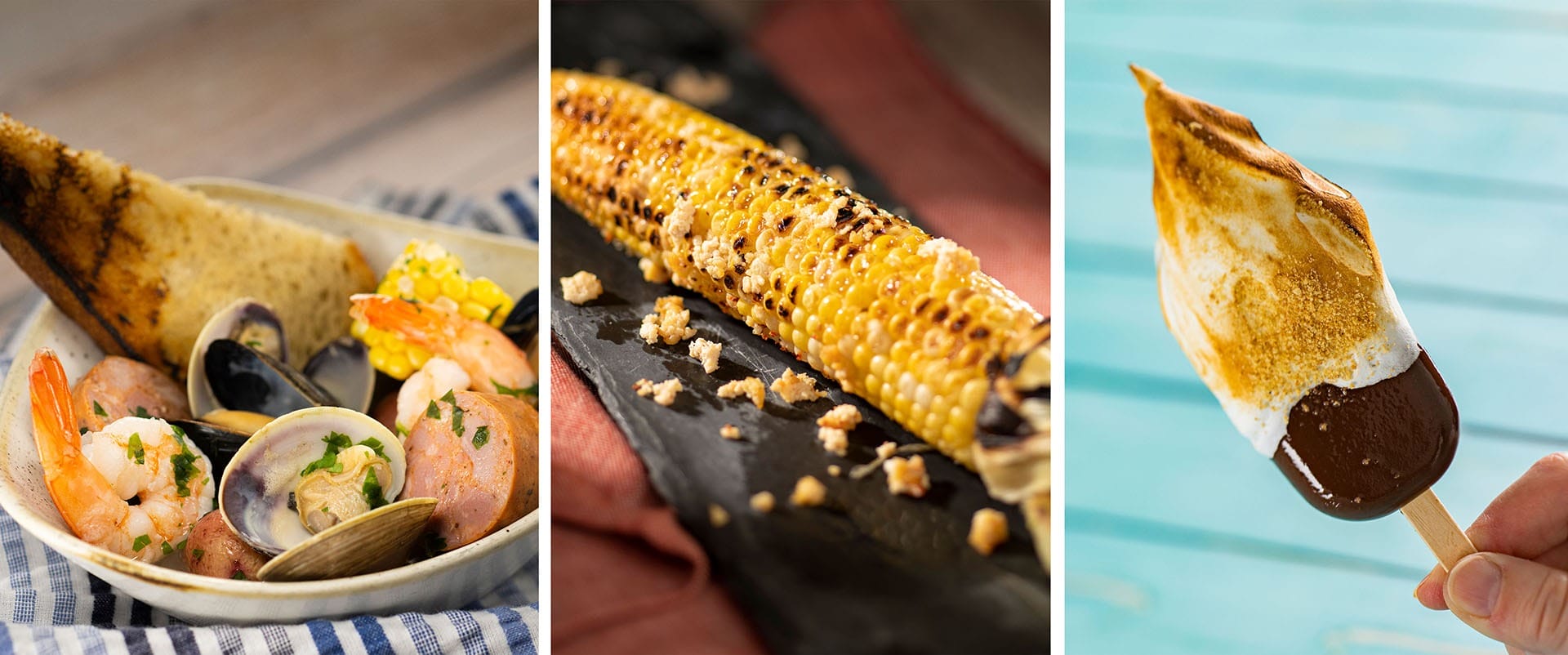 At the 2025 EPCOT International Flower & Garden Festival, indulge in a dish featuring prawns, clams, and grilled bread; savor a grilled corn cob on a black slate; and delight in a toasted marshmallow chocolate treat on a stick.