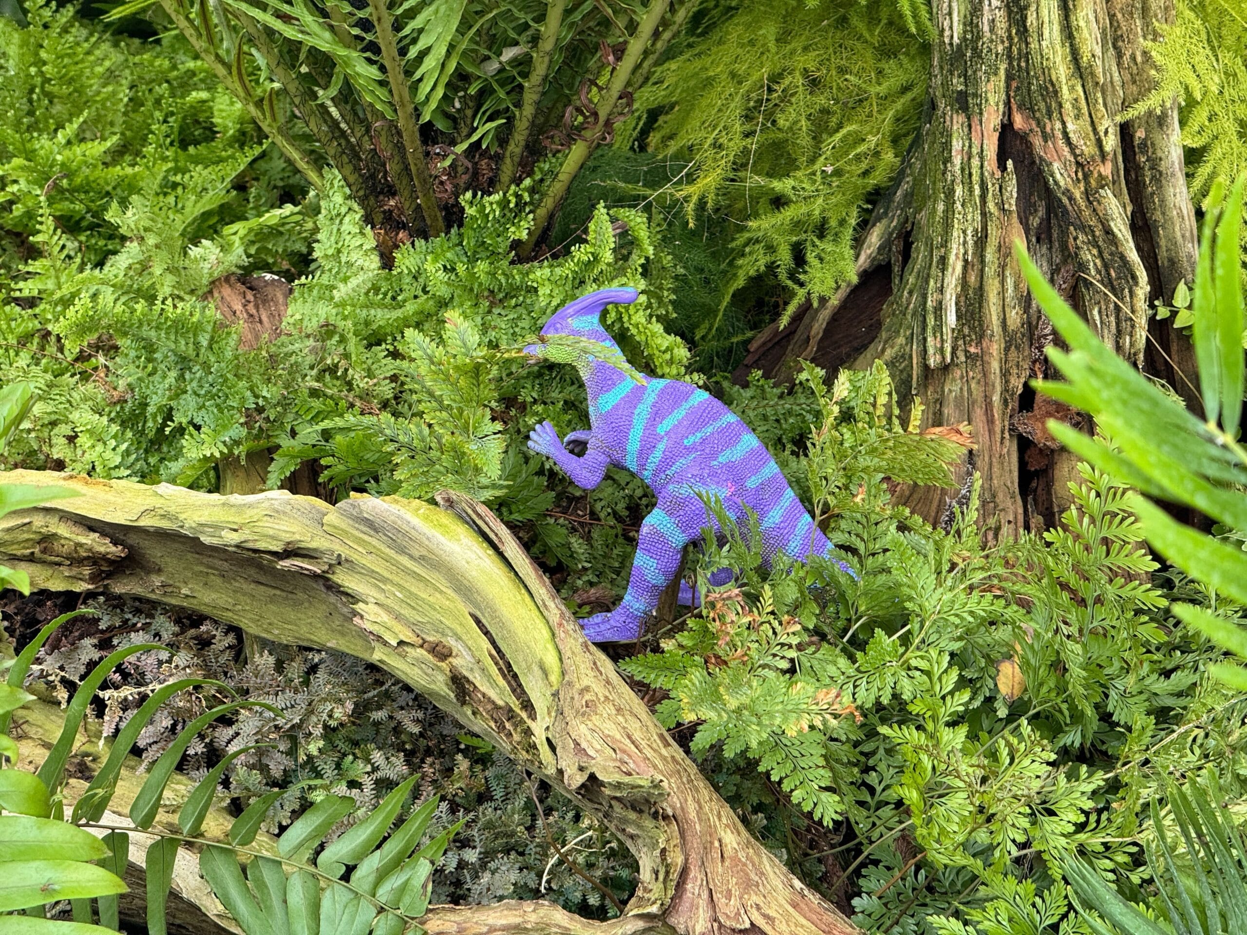 A toy dinosaur with purple and blue stripes is placed among green ferns and plants with a tree trunk nearby.