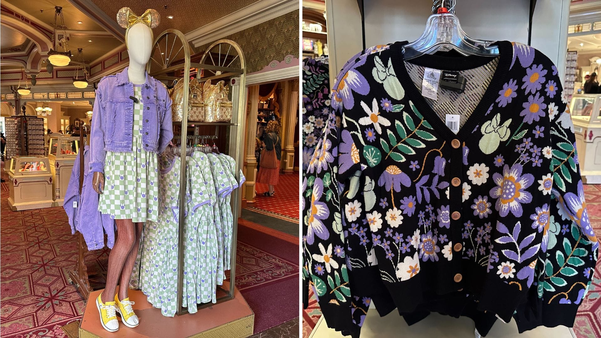 The Mannequin in a lavender jacket and checkered dress with yellow sneakers channels the Minnie Collection's playful vibe. Beside it, a display of matching dresses, while a separate Her Universe floral sweater hangs on a rack.