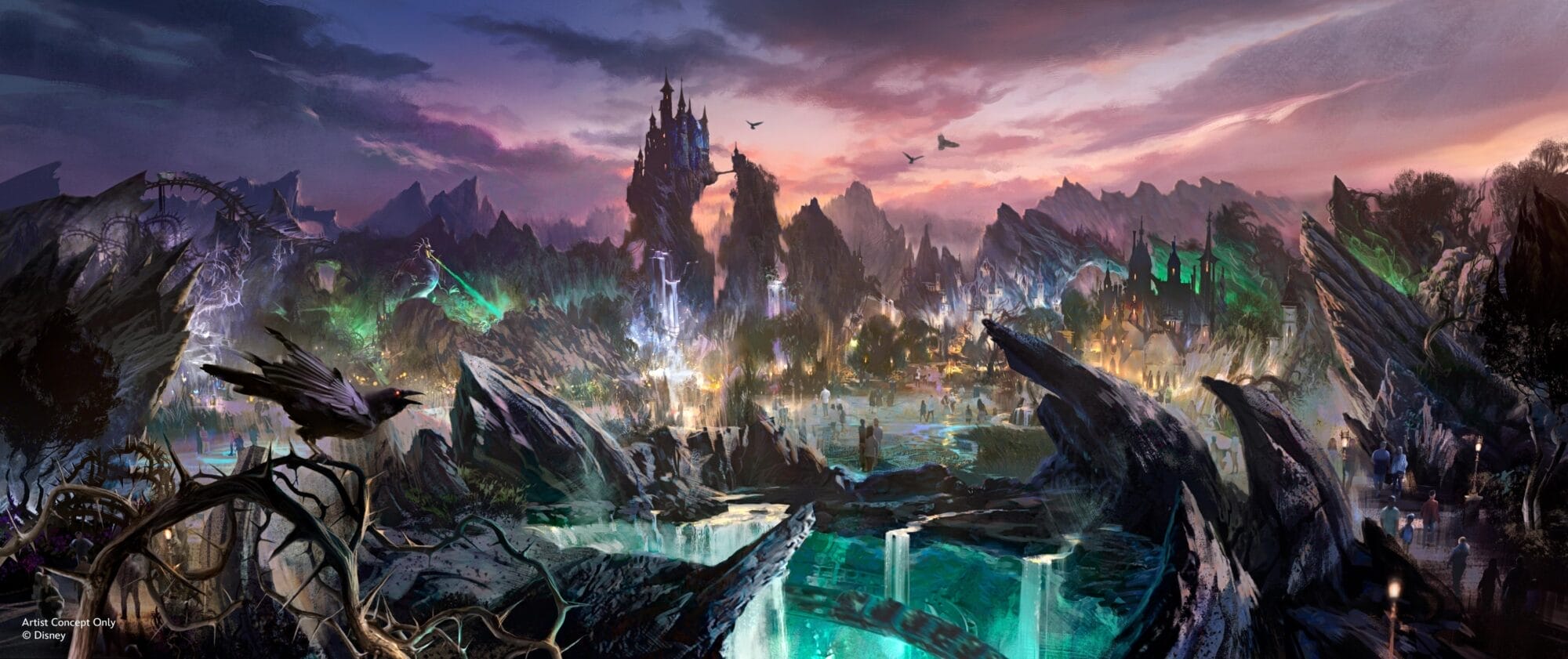 Fantasy landscape with jagged mountains, a castle on a peak, waterfalls, and scattered lights reminiscent of the Magic Kingdom Expansion. Birds fly over a mystical scene with a vibrant sky and a raven perched in the foreground.