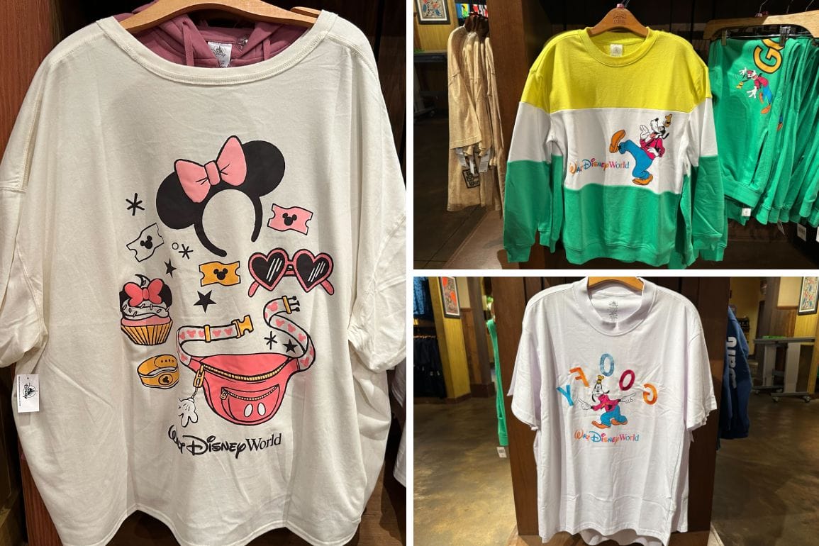 Three Disney-themed shirts showcased in-store: one flaunts Minnie Mouse accessories, another sports a color-blocked design featuring Goofy, and a sleek white shirt displays Mickey Mouse alongside the "Disney World" text, making for fabulous Walt Disney World merchandise.