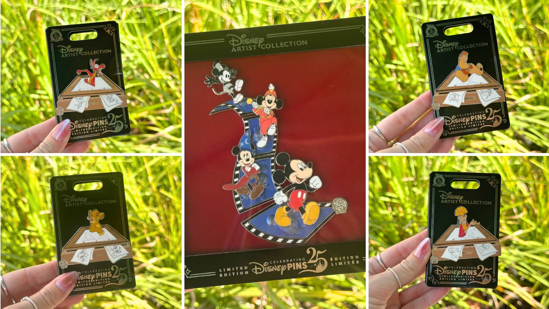 Collage of Disney Artist Collection pins by Jason Peltz, featuring iconic characters like Mickey Mouse, Minnie Mouse, and Pluto. One central large pin is surrounded by four smaller ones, each with unique designs on a grassy background.