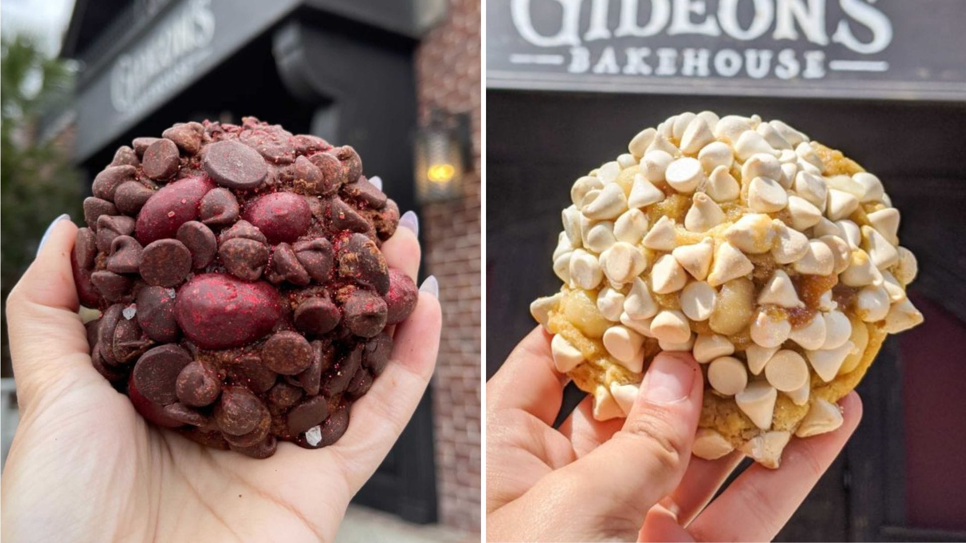 Two hands hold cookies outside Gideon's Bakehouse. The left cookie brims with chocolate chips and red berries, while the right showcases delectable white chocolate macadamia nut cookies.