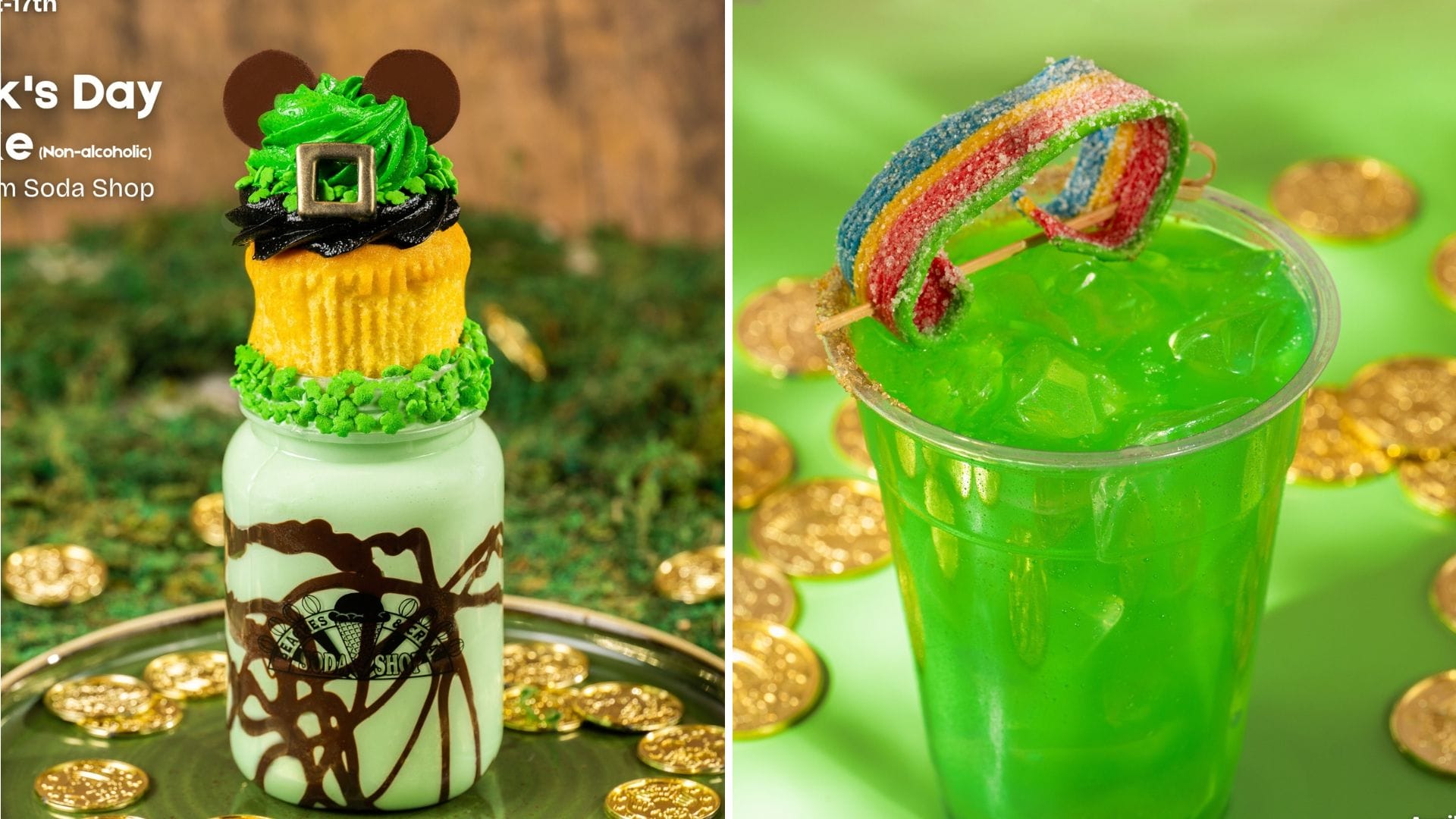 Two St. Patrick's Day treats celebrate the 2025 magic at Walt Disney World: a milkshake adorned with green frosting, chocolate decor, and a cupcake on top; next to it, a green iced drink crowned with a rainbow candy garnish.