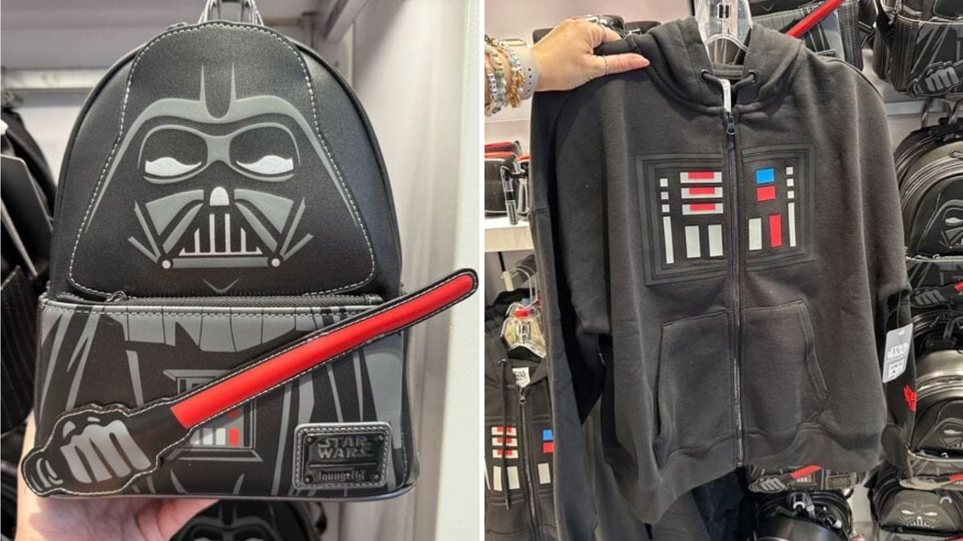 A Darth Vader-themed backpack and hoodie are on display in the store, showcasing striking stylized graphics with a bold red lightsaber motif.