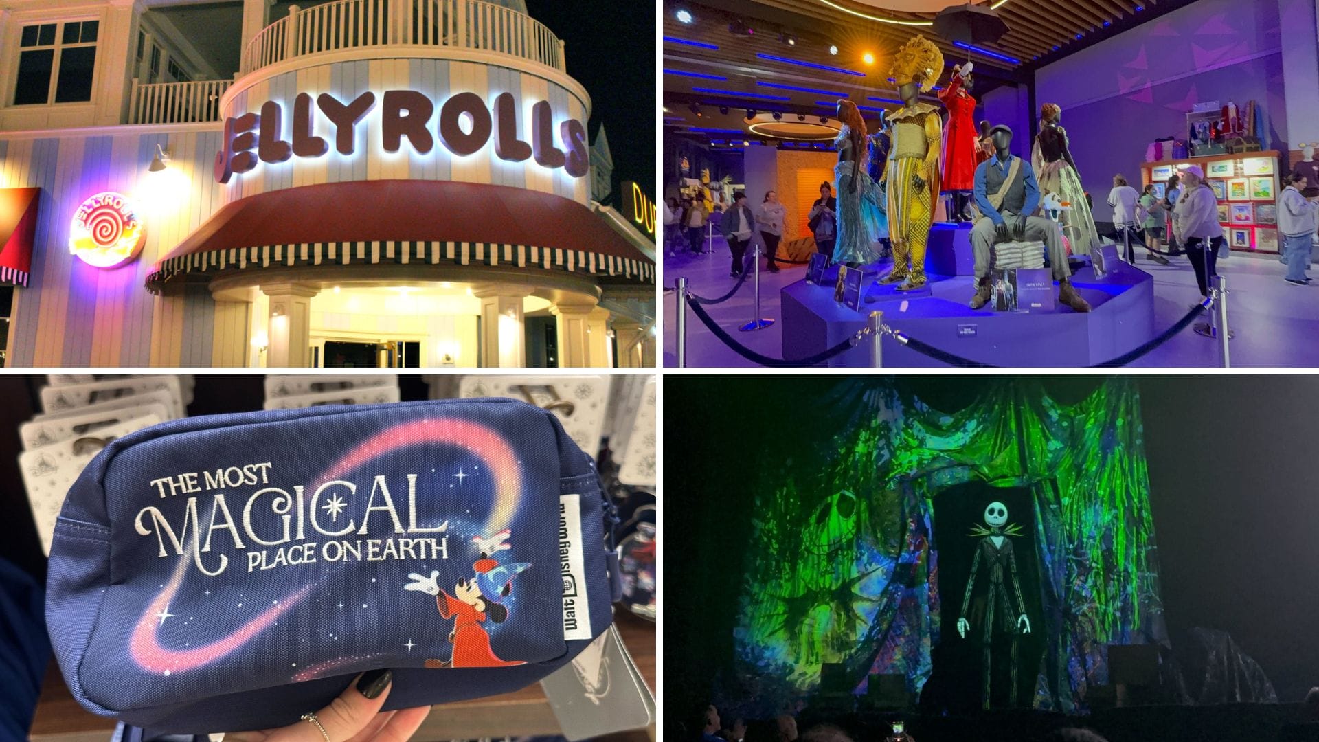 Collage of Disney-themed images: Walt Disney World's Jellyrolls entrance, a vibrant display with beloved characters, a bag showcasing Disney's slogan, and a dark-themed stage setup featuring iconic characters.