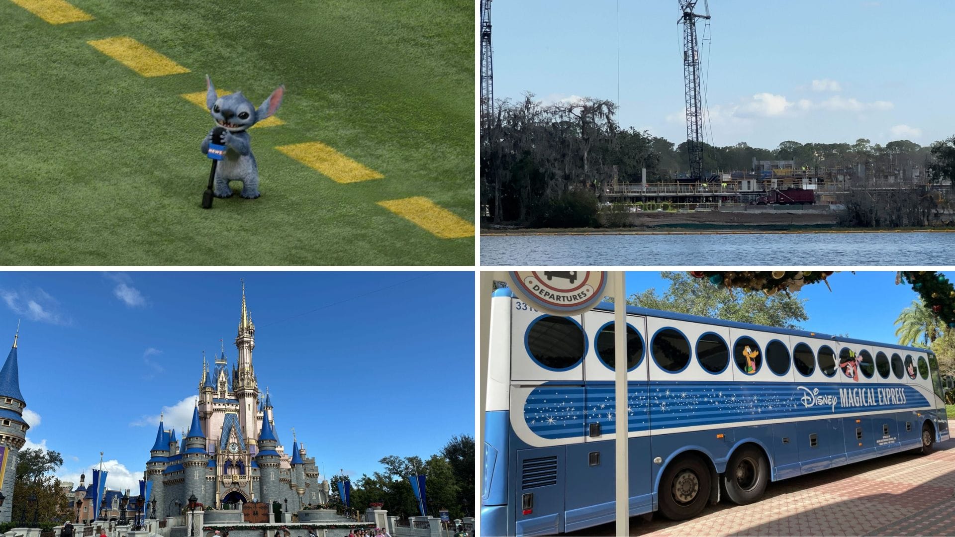 Collage of four images: a grey animated figure on grass, a construction site by water, a castle with spires, and a blue Disney-themed bus parked on a street, capturing the magic in the midst of rising vacation costs.