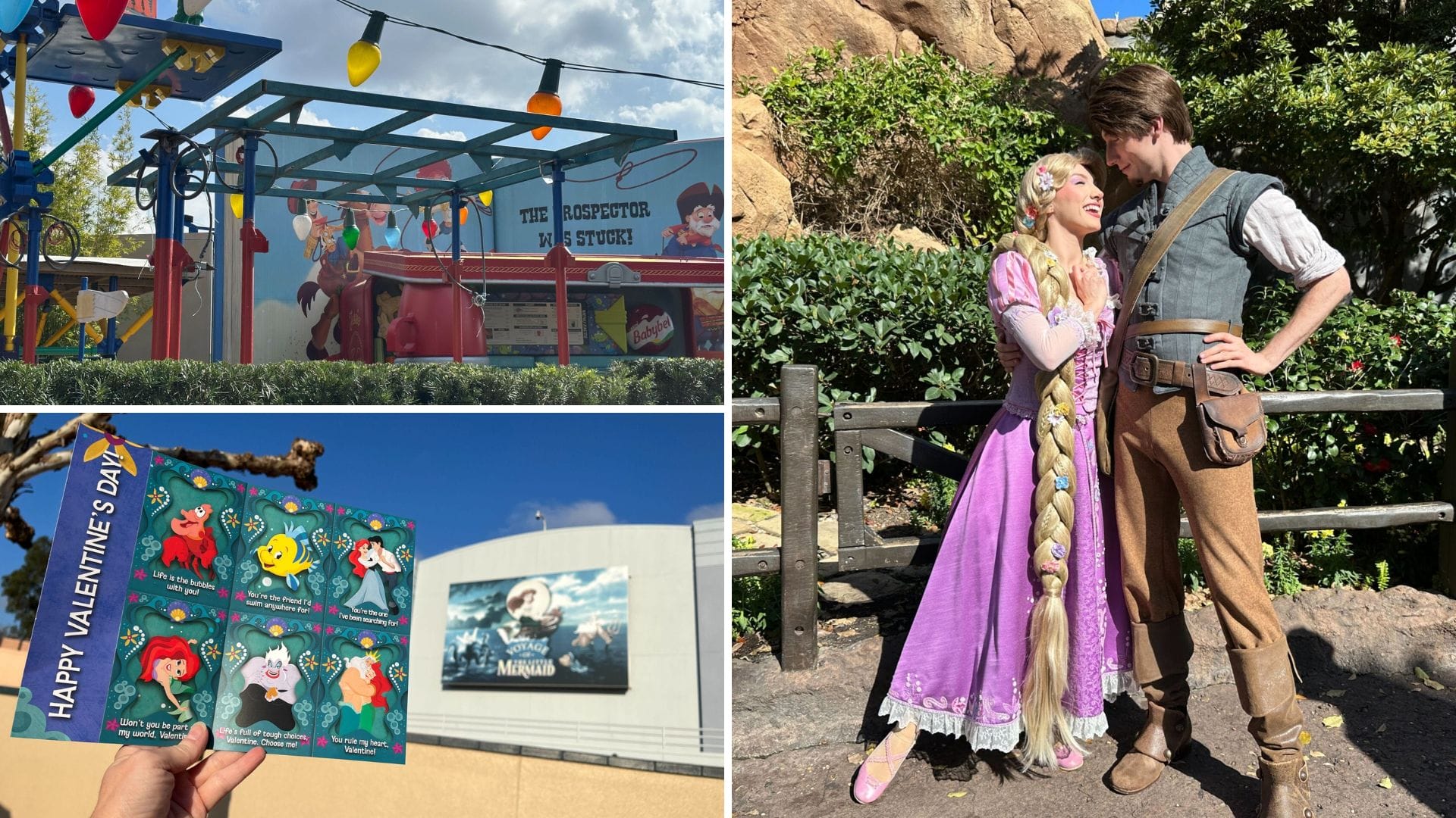 Top left: Colorful outdoor scene with signs. Bottom left: Hand holding Disney-themed Valentine's cards from Walt Disney World. Right: Two people in fairy tale costumes pose affectionately outdoors, capturing the joy of a magical day.