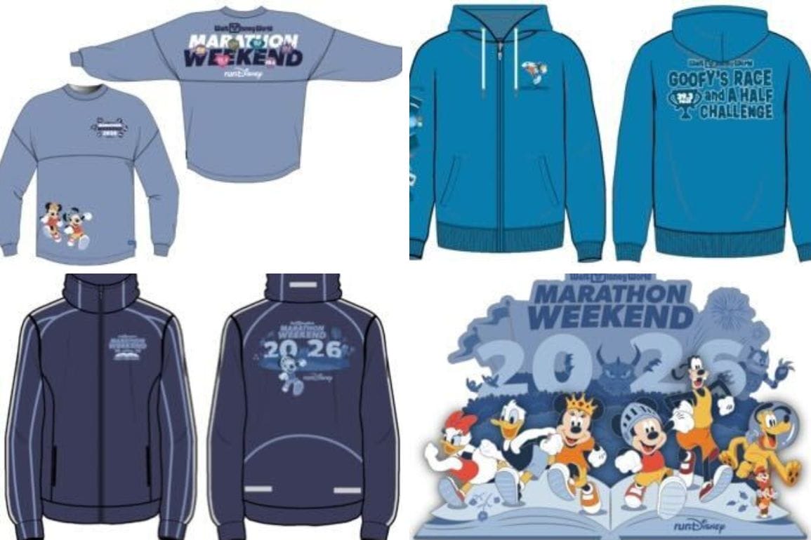 Explore our Disney-themed merchandise, featuring sweaters, hoodies, and a jacket adorned with runDisney Marathon and Goofy's Race logos. Celebrate Walt Disney World magic with your favorite characters in running attire.