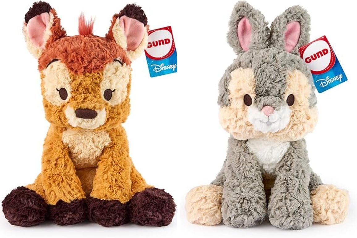 Two plush toys featuring beloved deer and rabbit characters with Disney tags, including an adorable Bambi plush, sitting side by side on a white background.