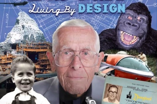 Collage featuring an older man at the center, surrounded by images of a child, gorilla, mountain, vintage vehicle, and Disneyland identification card. Text reads "Living by Design," capturing the essence of Bob Gurr's genius as a Disney Imagineer in a captivating documentary style.