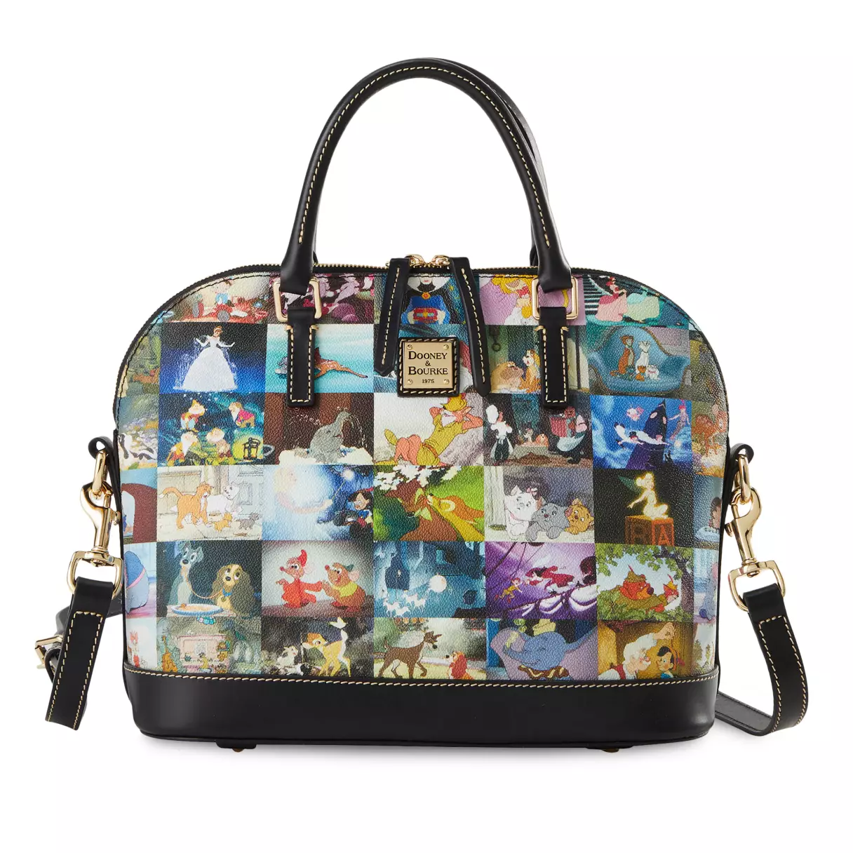 A vibrant handbag from the Disney Classics Collection, featuring a colorful patchwork of animated scenes, black leather trim, and gold hardware accents. Available for pre-order now from Dooney & Bourke.