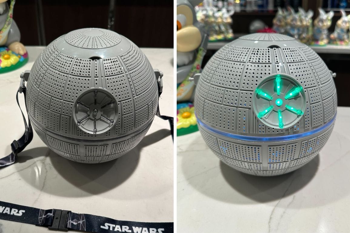 Two images depict a gray spherical object reminiscent of the Death Star, with one aglow in green lights and the other dark. A "Star Wars" branded strap is visible in the first image, hinting at its potential as a unique popcorn bucket.