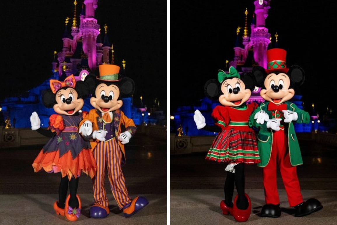 Two side-by-side images capture Mickey and Minnie Mouse, dressed in Halloween-themed costumes on the left and Christmas-themed attire on the right, all set against the enchanting nighttime backdrop of Disneyland Paris.