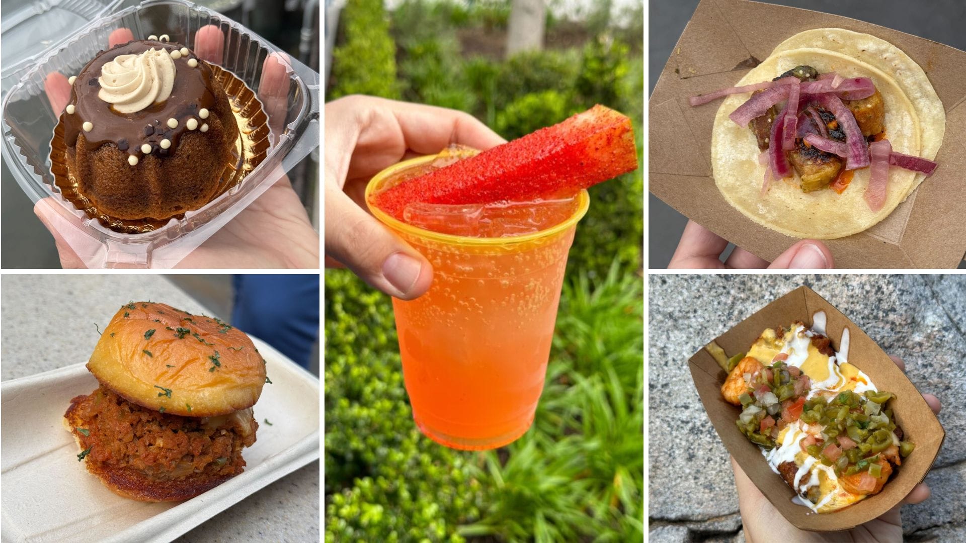 A collage of delectable delights: a divine chocolate dessert with cream, an orangey drink adorned with fruit stick, a savory taco loaded with onions, the best-ever chicken sandwich, and fully-loaded fries. It's like a taste tour from the Disney California Adventure Food & Wine Festival!.