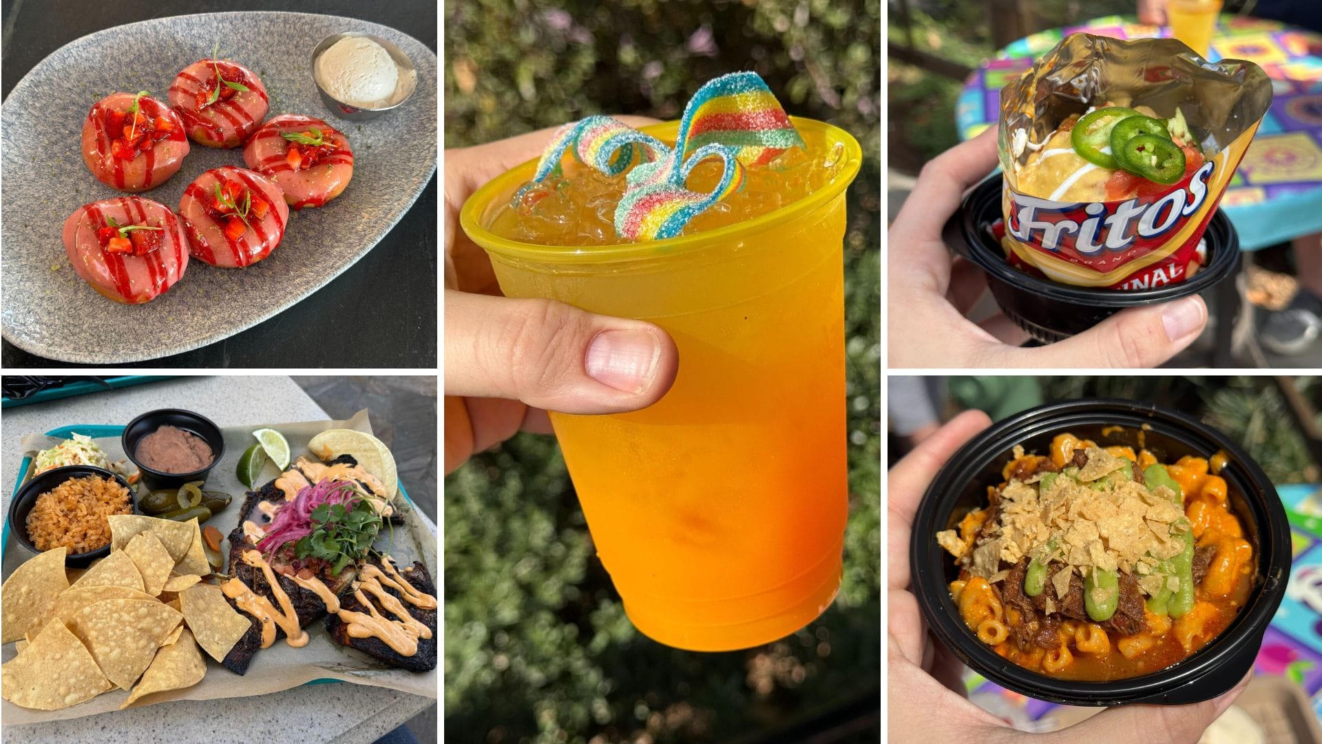 Collage of food and wine: sliced tomatoes with cheese, an orange drink with gummy worms, a Fritos bag with toppings, nachos adorned with jalapeños, and mac and cheese paired perfectly with green beans.