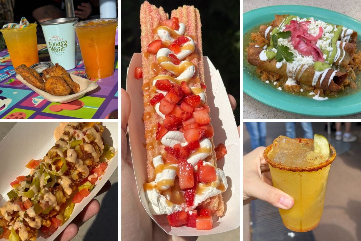 A delightful collage of foods and drinks features churros with strawberries, fried rolls with toppings, a hot dog with peppers, a mango drink with chili, and tantalizing drinks paired with chicken wings—perfectly capturing the essence of Food & Wine.