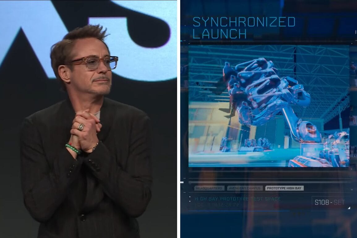 A person stands on stage next to a large screen displaying a futuristic spacecraft design from Stark Flight Lab, labeled "Synchronized Launch" and "Prototype High Bay." The audience eagerly awaits as the presenter delves into the intricate ride details of this groundbreaking innovation.