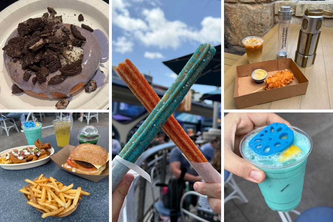 A collage of theme park food, including a burger with fries, Oreo dessert, blue and red churros, iced drinks, and a tray with mixed items, under a partly cloudy sky.