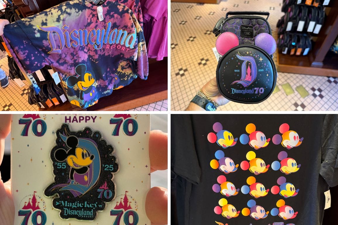 A vibrant collage of Disneyland merchandise: a colorful Mickey Mouse shirt, a themed alarm clock, a decorative pin with "Happy 70" for the Disneyland 70th Anniversary, and a T-shirt showcasing Mickey in vivid silhouettes.
