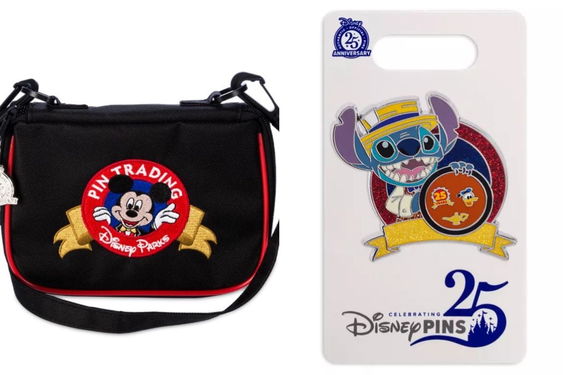 A black Disney Pin Trading bag, available from Disney Store Online, boasts a Mickey Mouse patch beside a special 25th Anniversary pin featuring Stitch dressed as a pirate.