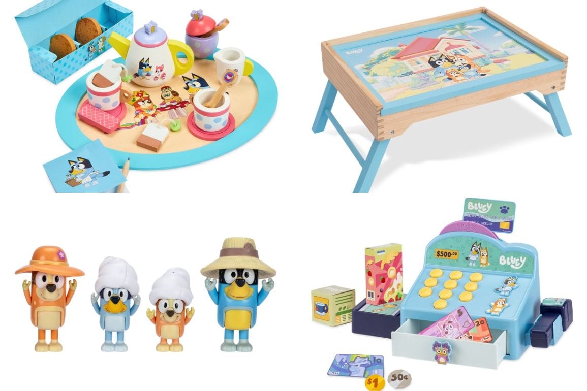Discover a delightful range of Bluey toys, featuring a charming tea set, character figurines, a play table, and a toy cash register complete with play money and cards.