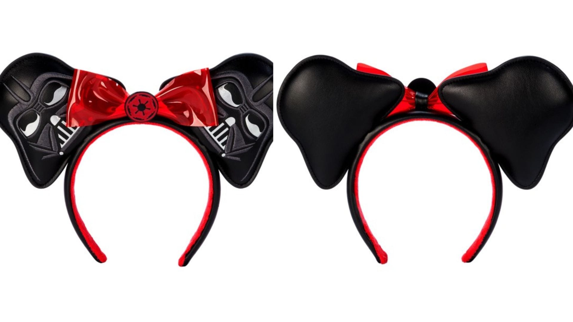 Two headbands: one capturing Darth Vader's iconic mask design with a striking red bow, the other featuring large black ears and a subtle red bow.