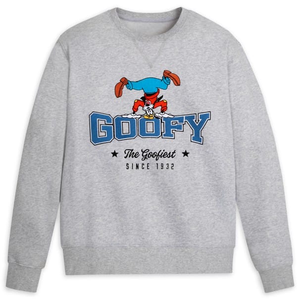Gray sweatshirt featuring a graphic of a cartoon character doing a handstand above the word "GOOFY" in large, blue letters, with text below: "The Goofiest Since 1932.