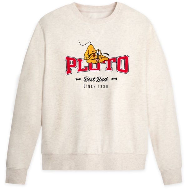 Beige sweatshirt featuring a cartoon dog above the word "Pluto" in red. Text reads "Best Bud Since 1930.