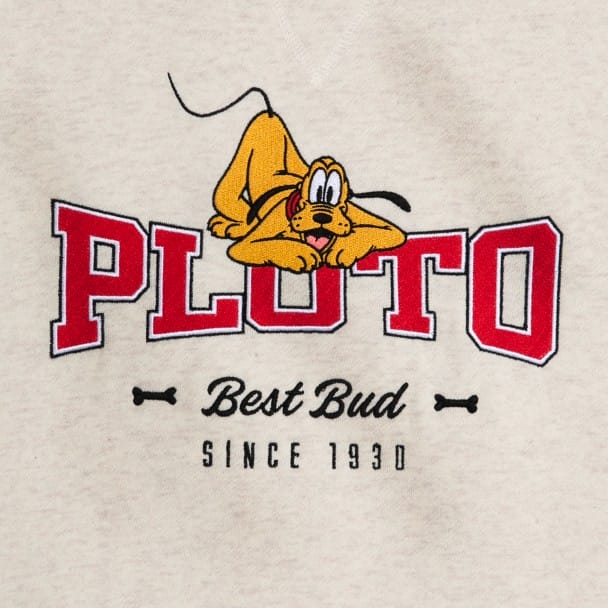 Image of a cartoon dog laying over large red letters spelling "PLUTO," with text "Best Bud Since 1930" and two small bones.