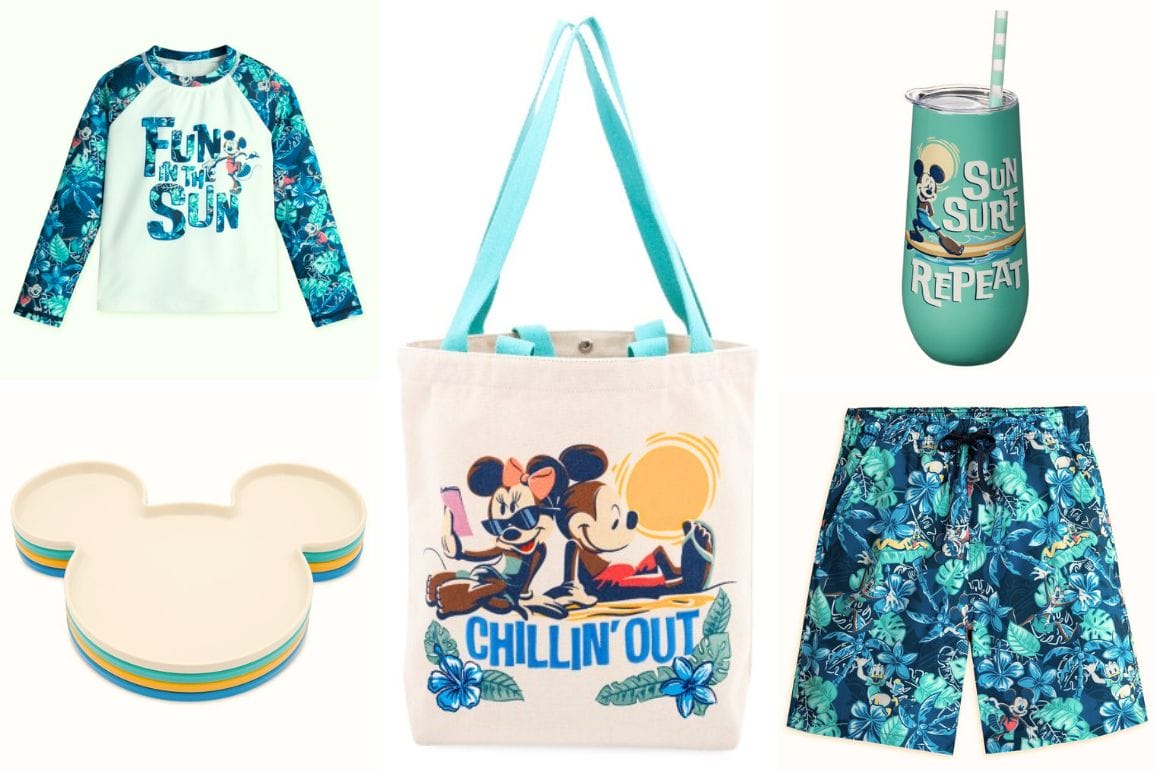 Disney-themed summer merchandise featuring a shirt, tote bag, drink cup, Mickey-shaped coasters, and swim trunks with tropical designs and animated characters.