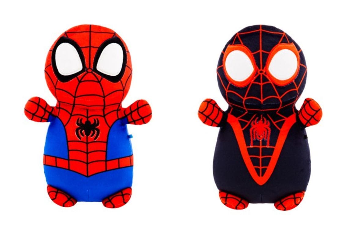 Two Squishmallows plush toys resembling Spider-Man characters in red and blue, and black and red costumes, complete with iconic spider emblems on their chests. Perfect for Spidey fans looking to cuddle their favorite heroes!.
