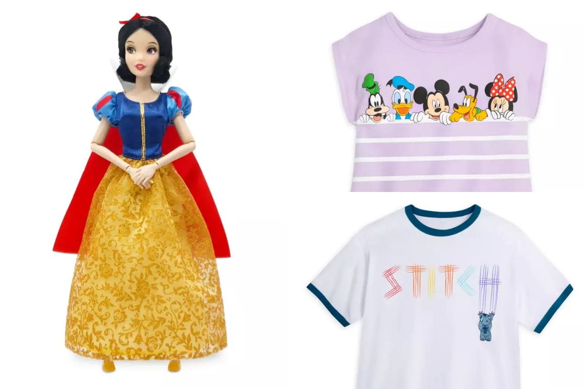 A Snow White doll with a red and blue dress adorns the left, sourced from the Disney Store. To the right, two T-shirts: one showcasing Disney characters on a light purple base, and another featuring "Stitch" with an illustration. Perfect additions during site-wide savings events!.