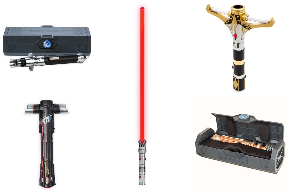 Collage of five Star Wars lightsabers, featuring one with a red blade, two nestled in carrying cases, and two with distinct hilts, all set against a crisp white background.